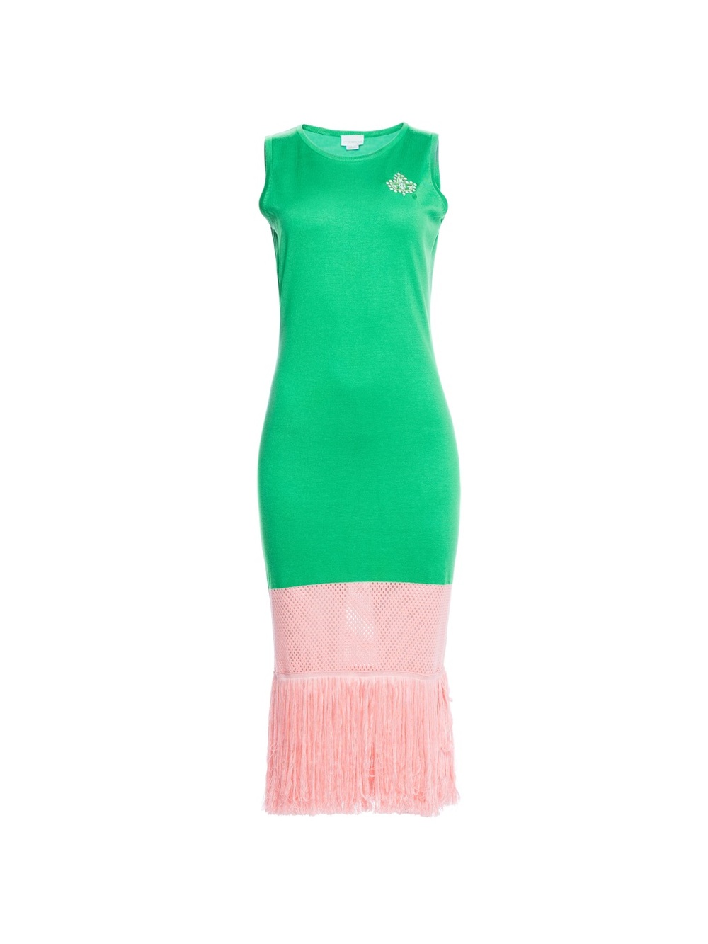 Ivy Storehouse Green Sleeveless Knit Dress with Pink Fringe Hem